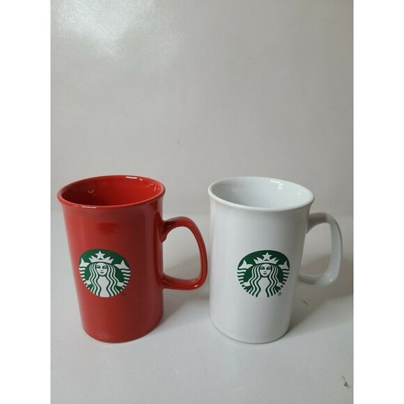 𝅺STARBUCKS Coffee Mug Red And White Tall Cup Set of 2 With Green Logo 11 Oz New